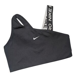 Nike Pro Dri-FIT Swoosh Asymmetrical Sports Bra Black White Logo Strap Medium